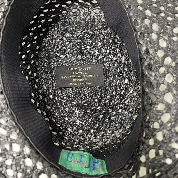 Vintage Eric Javits Black Straw Wide Brim Derby Hat Netting Flower Made in USA - Picture 5 of 5